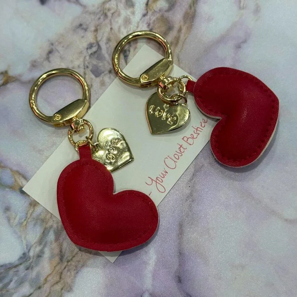 Red Leather Heart Keychain With Gold Hardware & LOVE on a metal heart - NEW
